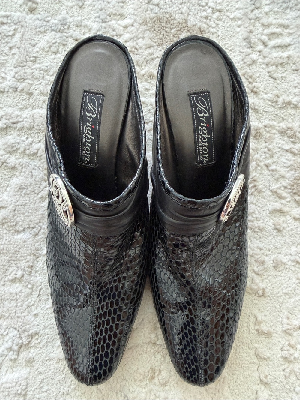 Brighton Black Snake-Embossed Leather Slip-On Mules